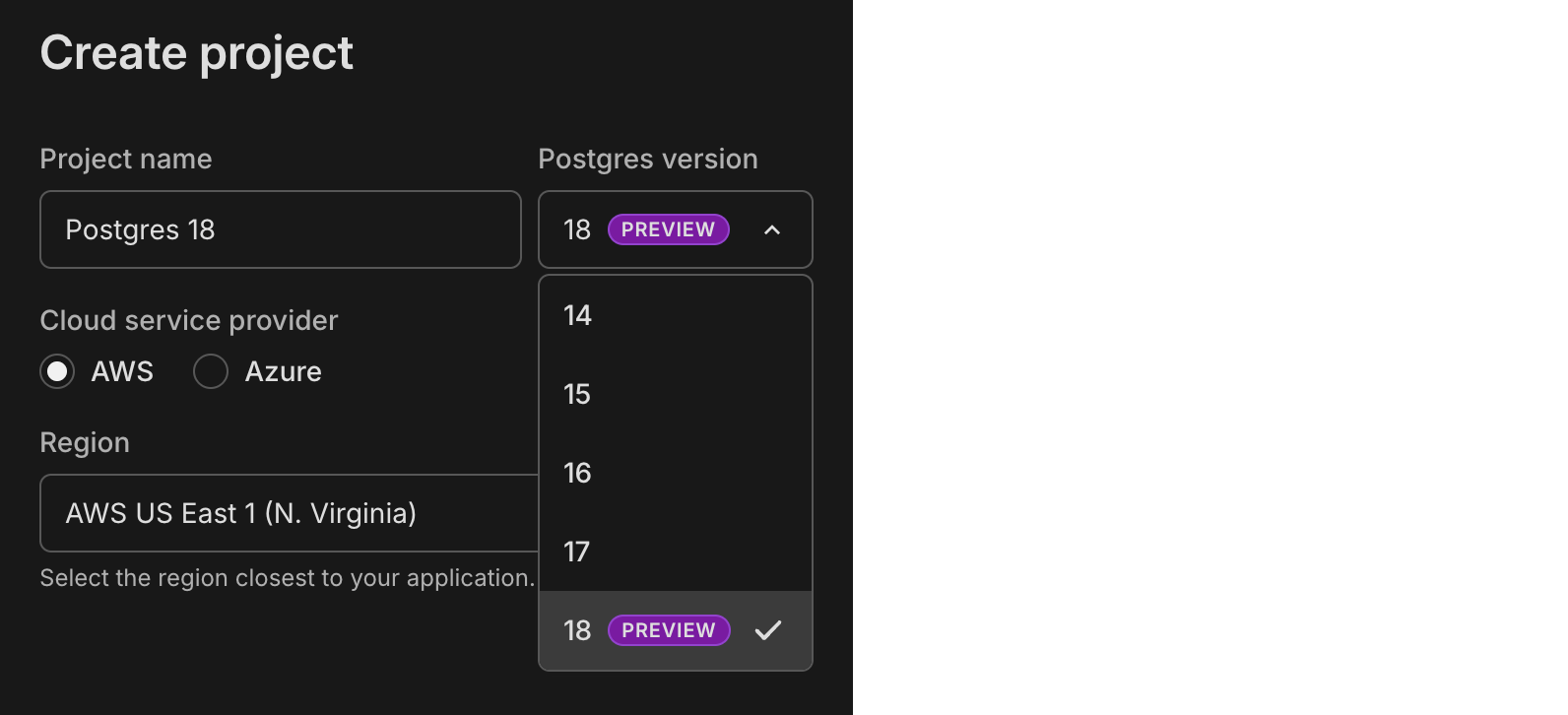 Postgres 18 Create project